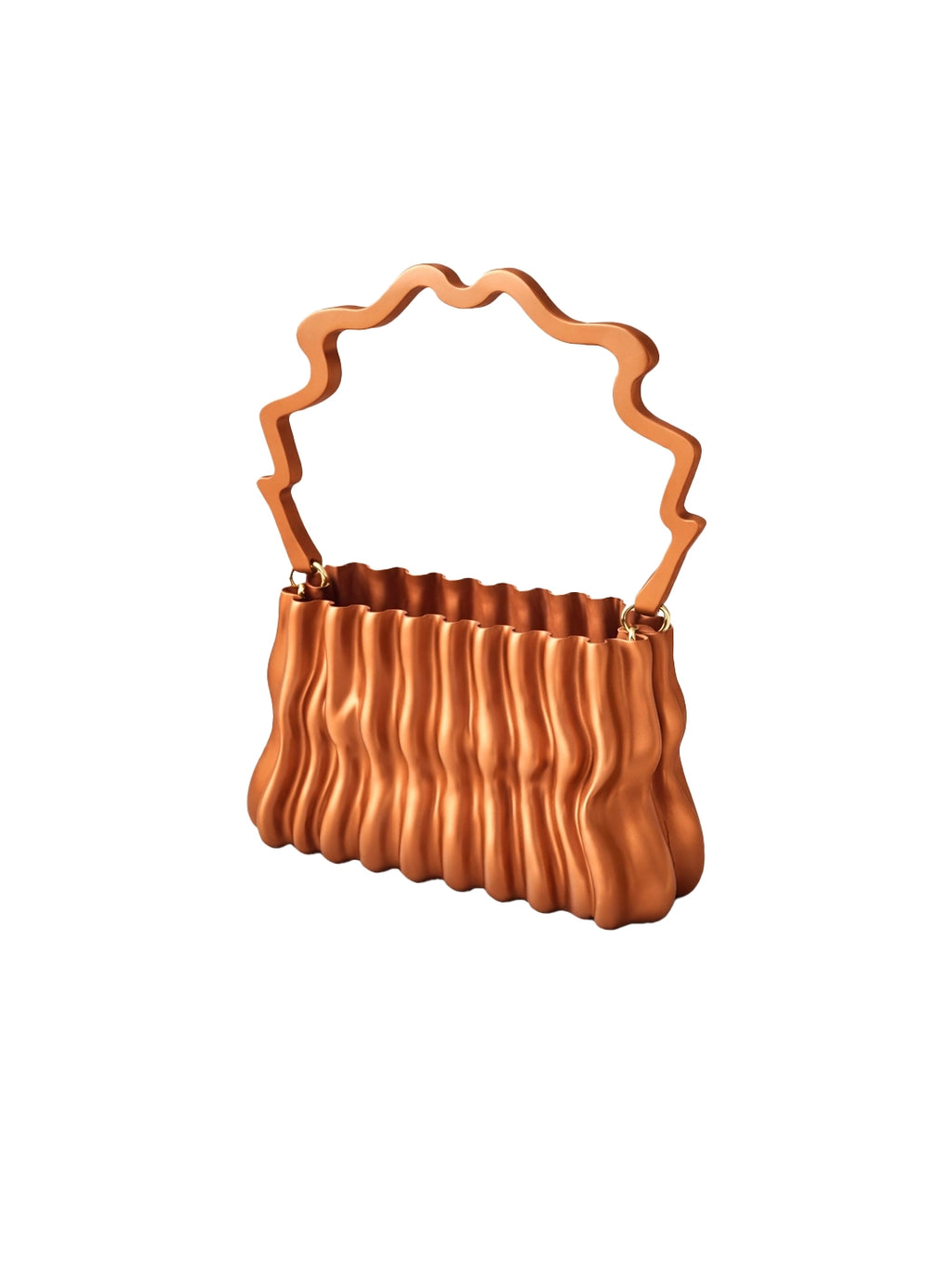 Copper planter with wavy design on a white background